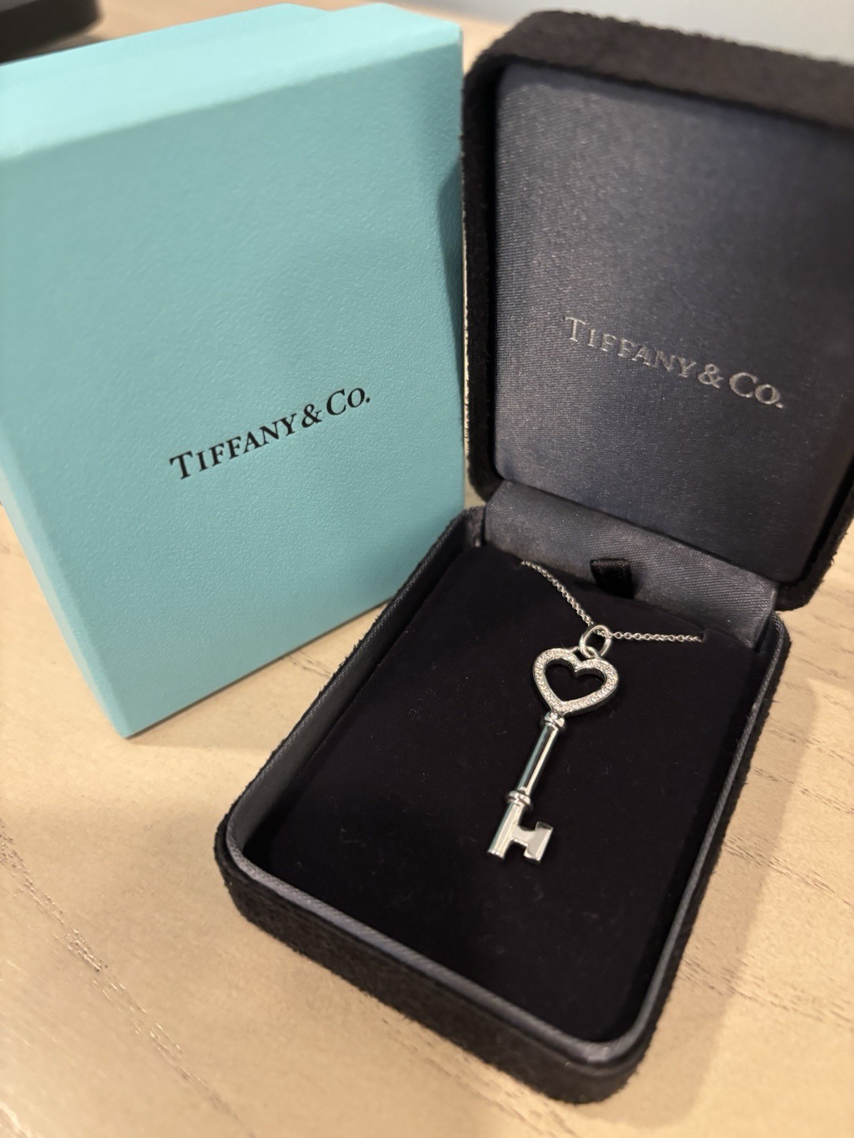 Tiffany & Co. 18K White Gold Diamond Heart Key Pendant Necklace Cable Chain