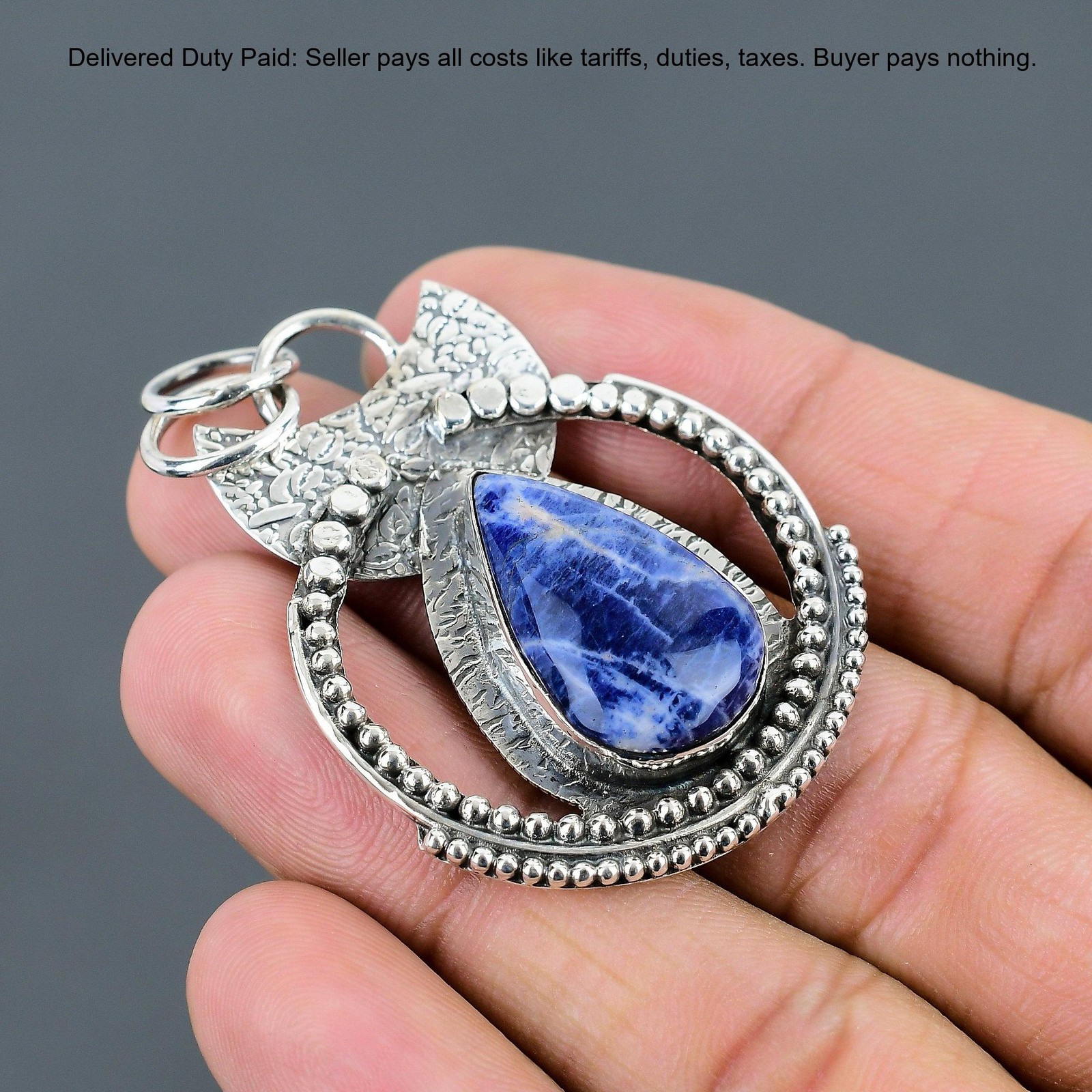 925 Silver Pear Natural Sodalite Sister Bezel Third Eye Chakra Trendy Pendant