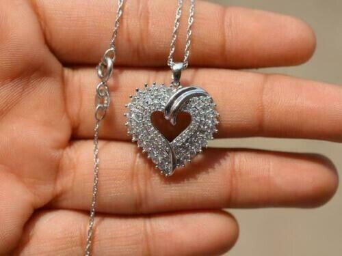 2 Ct Round Cut Diamond Cluster Heart Love Pendant Solid 14K White Gold Finish