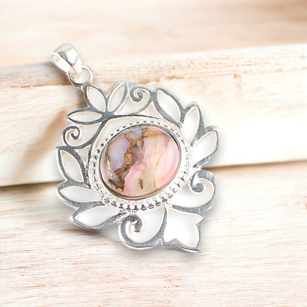 Anniversary Gift For Her Natural Pink Opal Turquoise Pendant Vintage 925 Silver