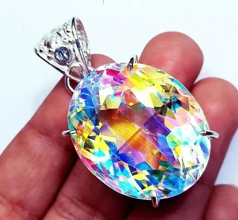 Natural Oval Mystic Topaz 90.10 Ct+ 925 Solid Silver Rainbow Pendant Gemstone