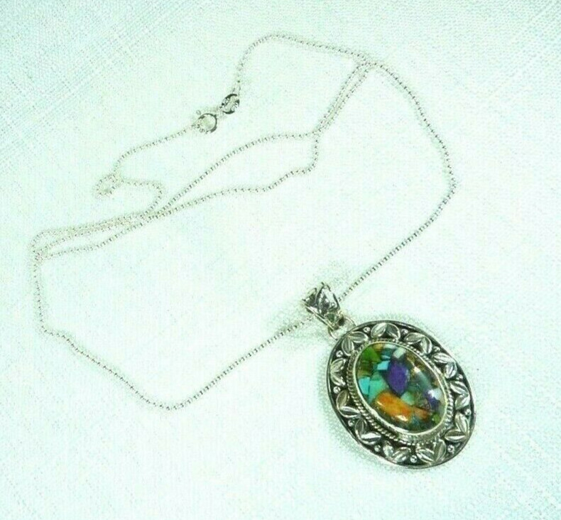 Multicolour Copper Turquoise Solid Sterling Silver Oval Shape Pendant & Chain