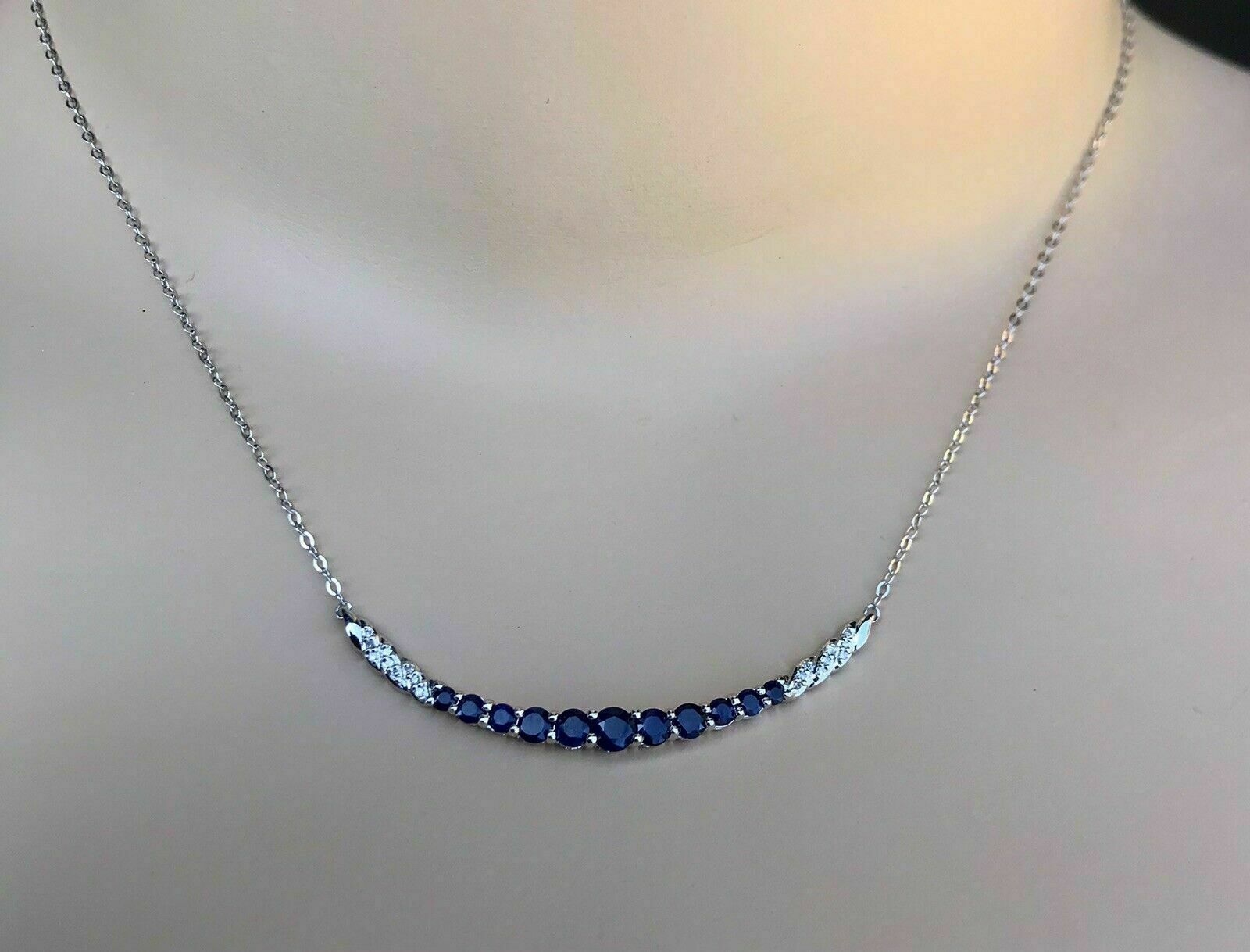 1.50Ct Blue Sapphire & Diamonds Centerpiece Necklace 18″ 14K White Gold Finish