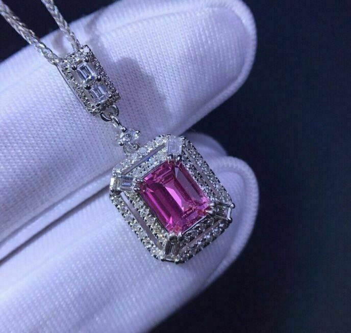 2Ct Emerald Cut Simulated Sapphire Women’s Pendant 14K White Gold Plated Silver