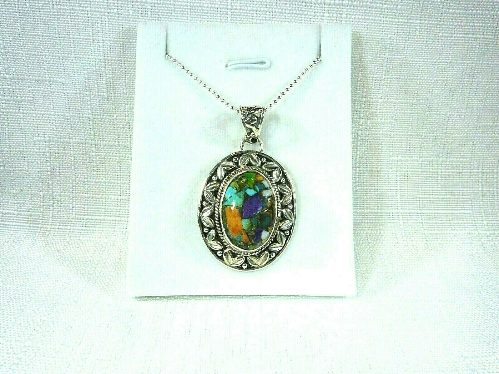 Multicolour Copper Turquoise Solid Sterling Silver Oval Shape Pendant & Chain