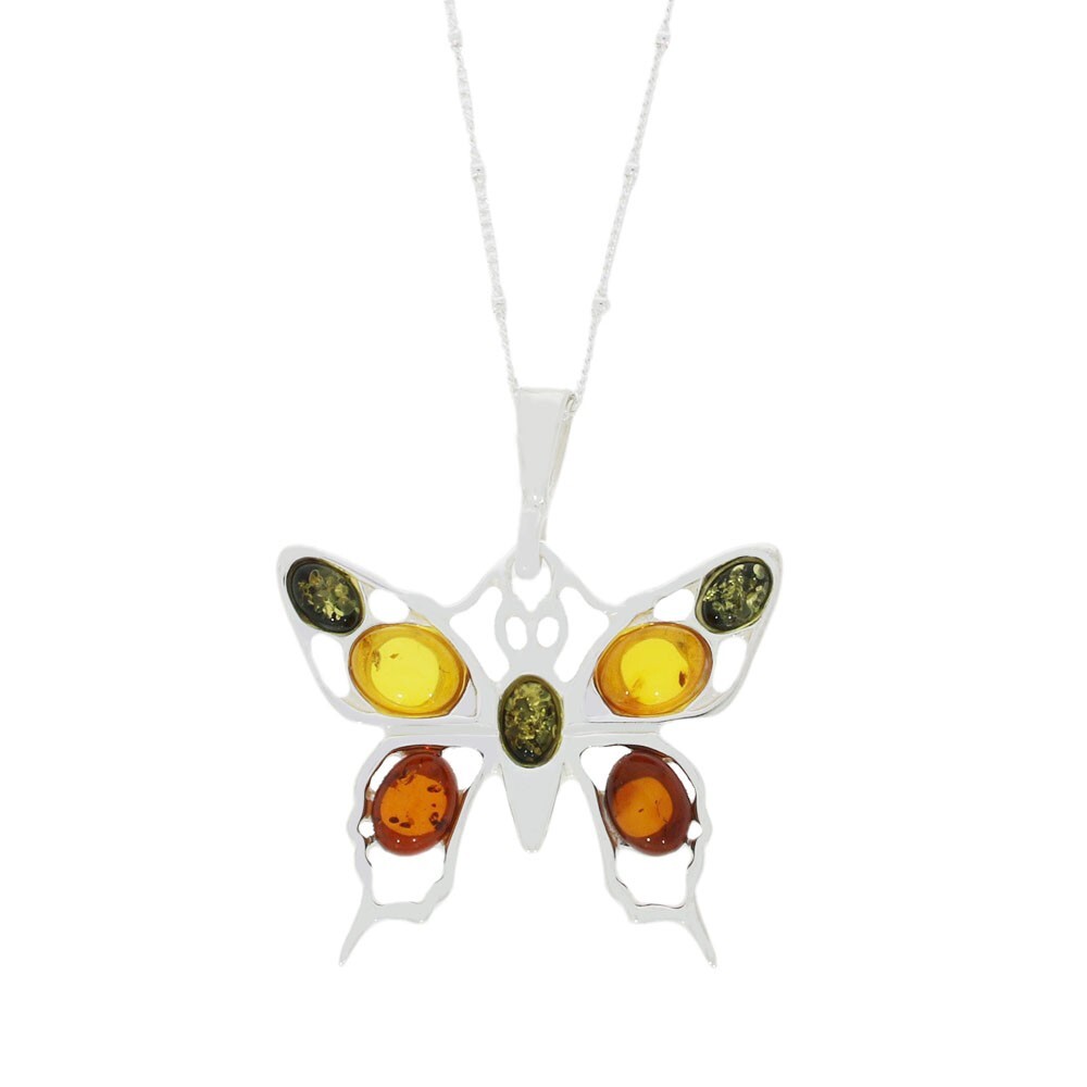 Ladies Multicolour Amber Pendant and Chain Sterling Silver Butterfly AM061