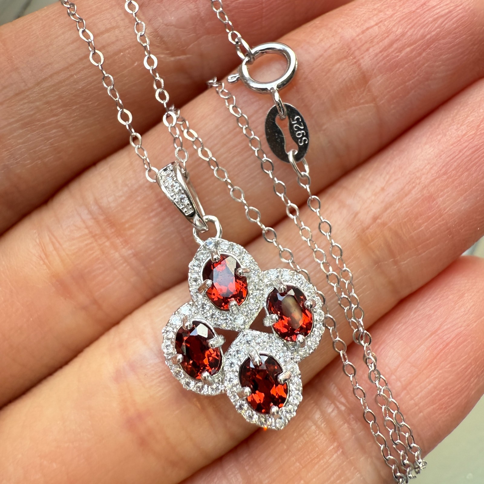 925 Sterling Silver Necklace 4x3mm Natural Garnet Gemstone Zircon Flower Chain