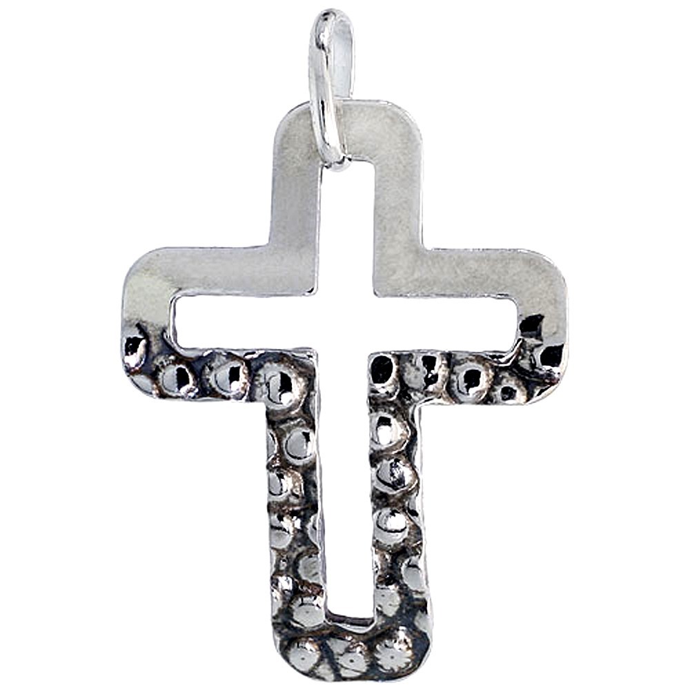 925 Sterling Silver Half Hammered Finish Cross Pendant 1 1/16 Inch (27mm) Tall