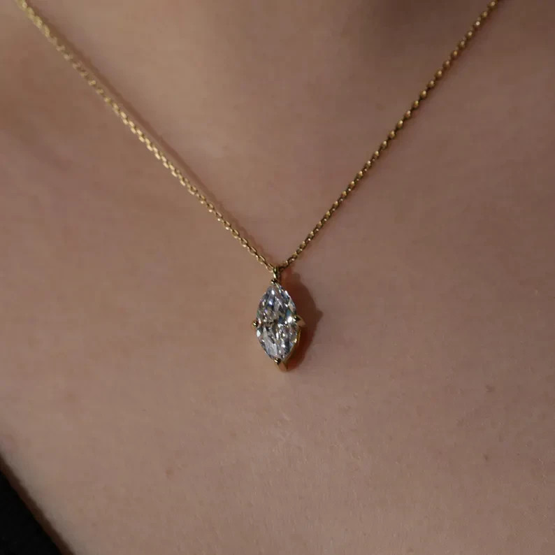 Gift For Any Special Occasion Marquis Natural Diamond Necklace 14K Yellow Gold