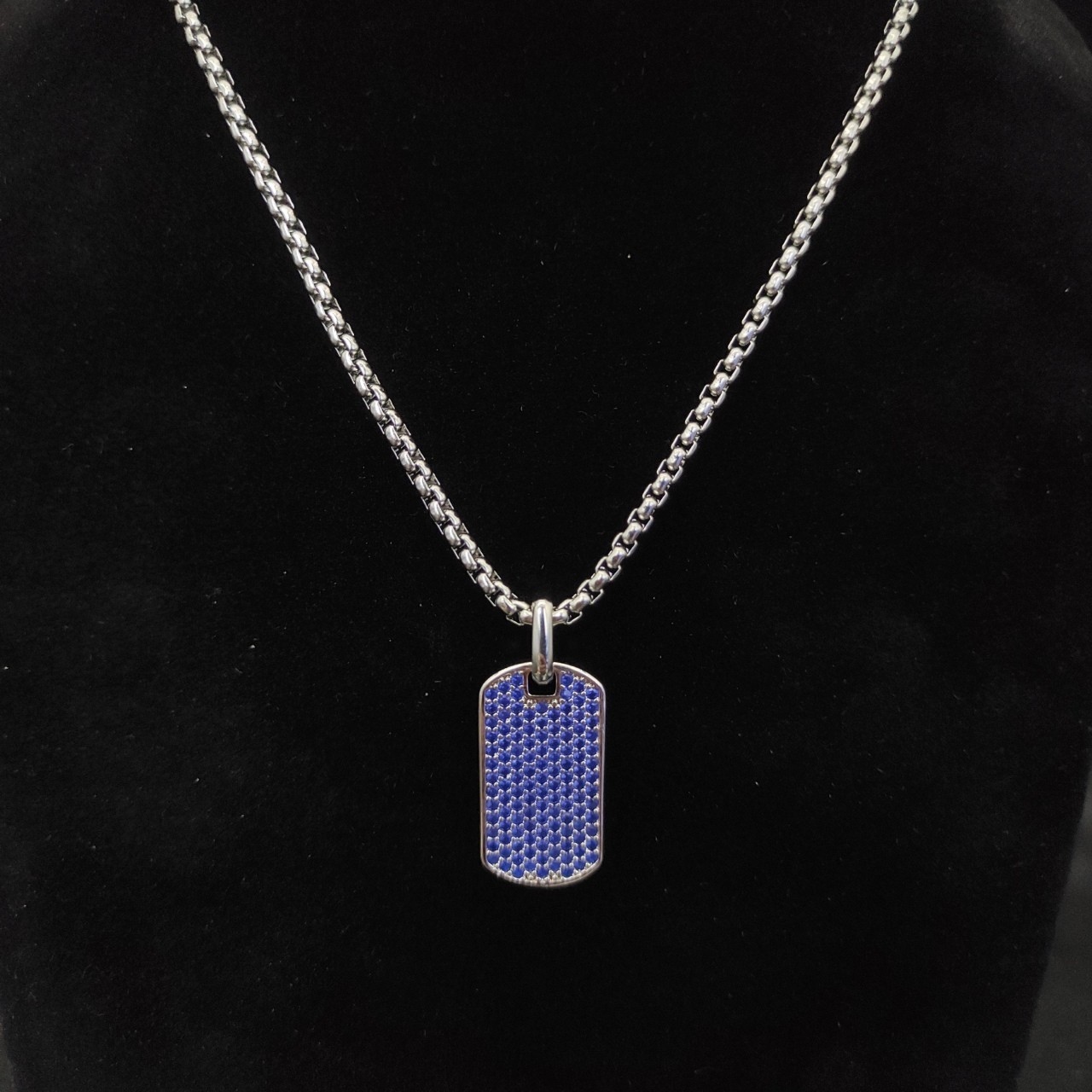 David Yurman Chevron Dog Tag Sterling Silver with Sapphires 3mm Necklace 21in