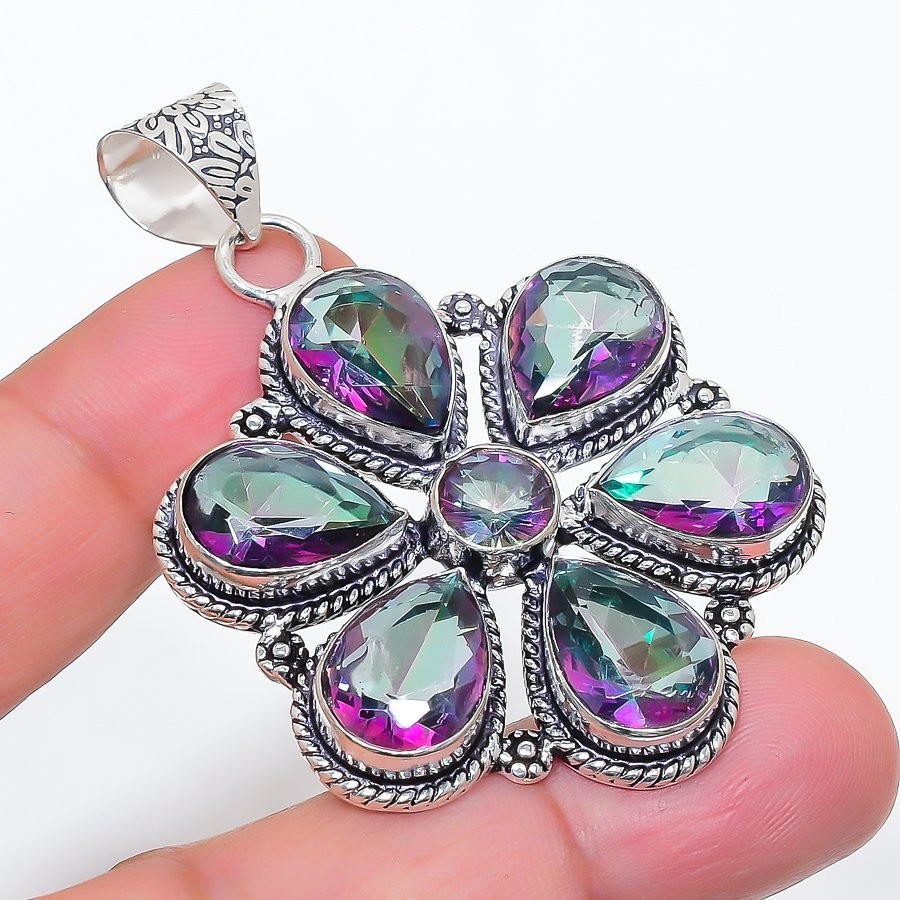 Mystic Topaz Gemstone Handmade 925 Sterling Silver Jewelry Pendant Sz 2.5″