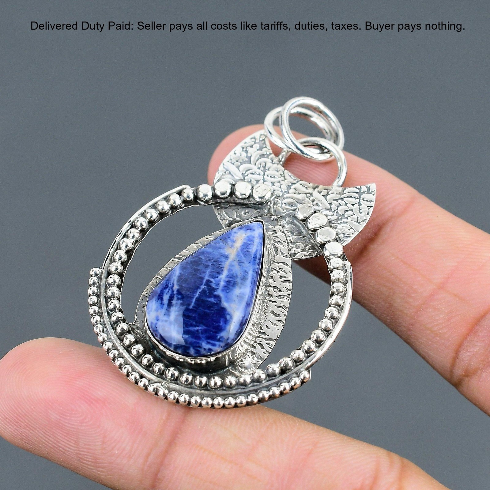 925 Silver Pear Natural Sodalite Sister Bezel Third Eye Chakra Trendy Pendant
