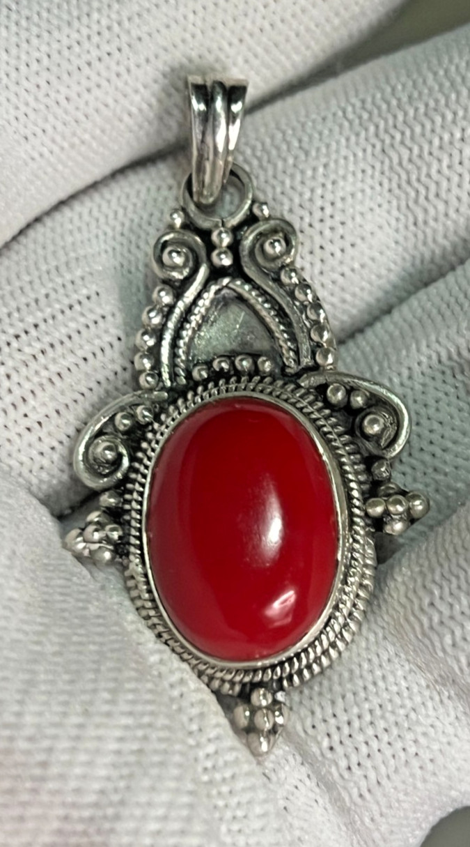 Vintage Sterling Silver Red Coral Oval Pendant