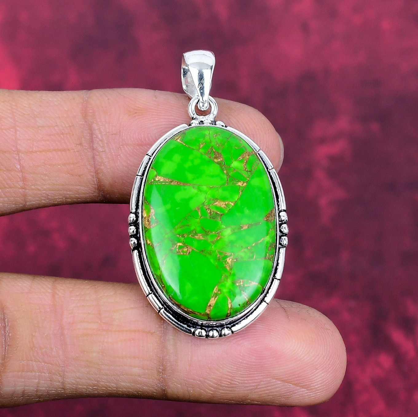 Green Copper Turquoise Gemstone Handmade 925 Sterling Silver Pendant Jewelry