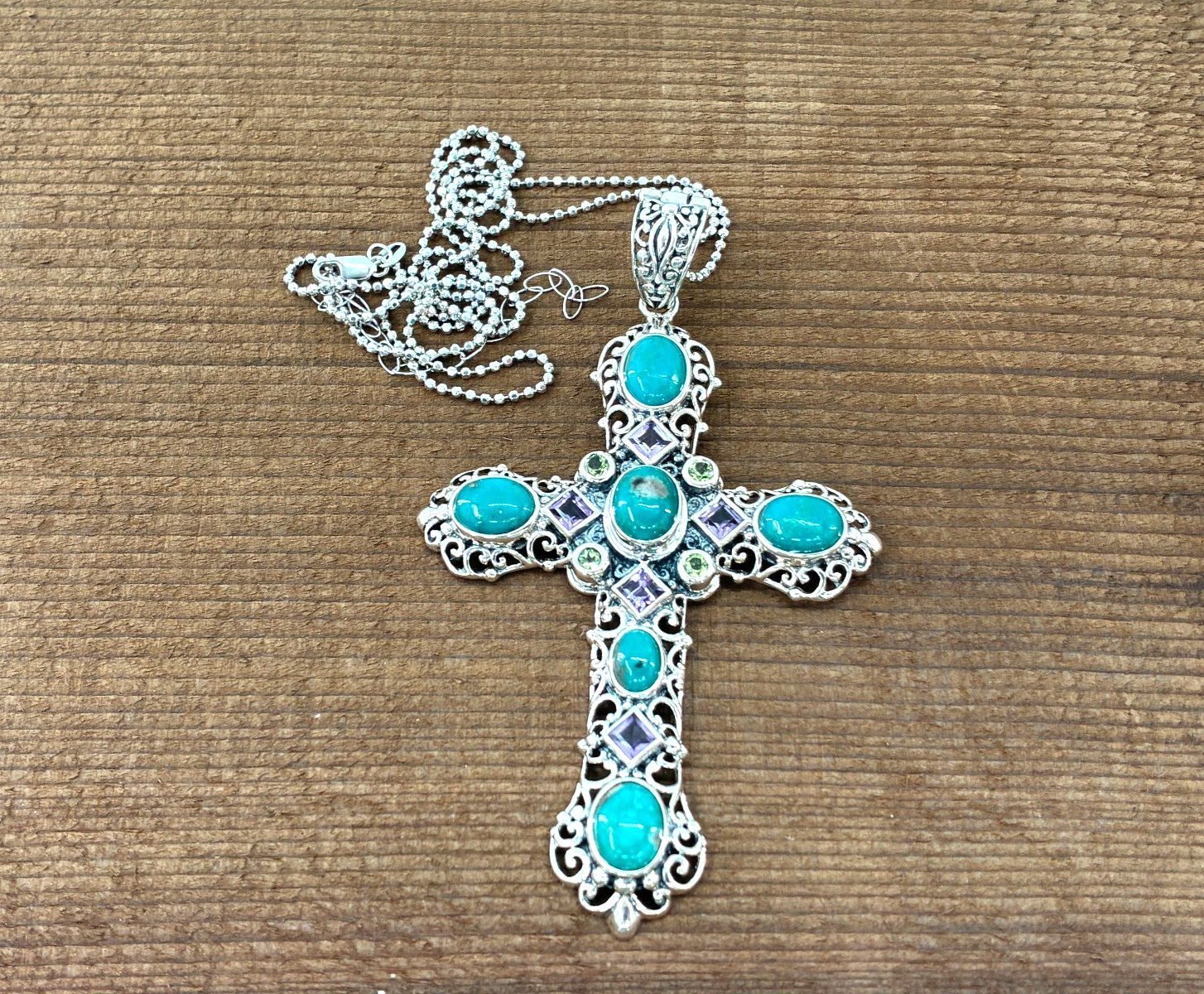 Judy Crowell Turquoise Multi Gem Bali Ornate Cross Pendant Sterling Necklace