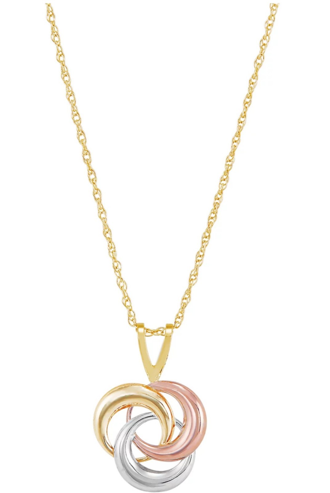 Tricolor Love Knot 18″ Pendant Necklace in 10k Yellow, White & Rose Gold