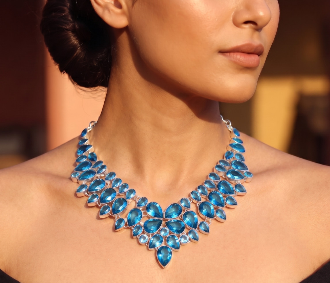 Swiss Blue Topaz Necklace 925 Sterling Silver Handmade Minimalist Jewelry S-18
