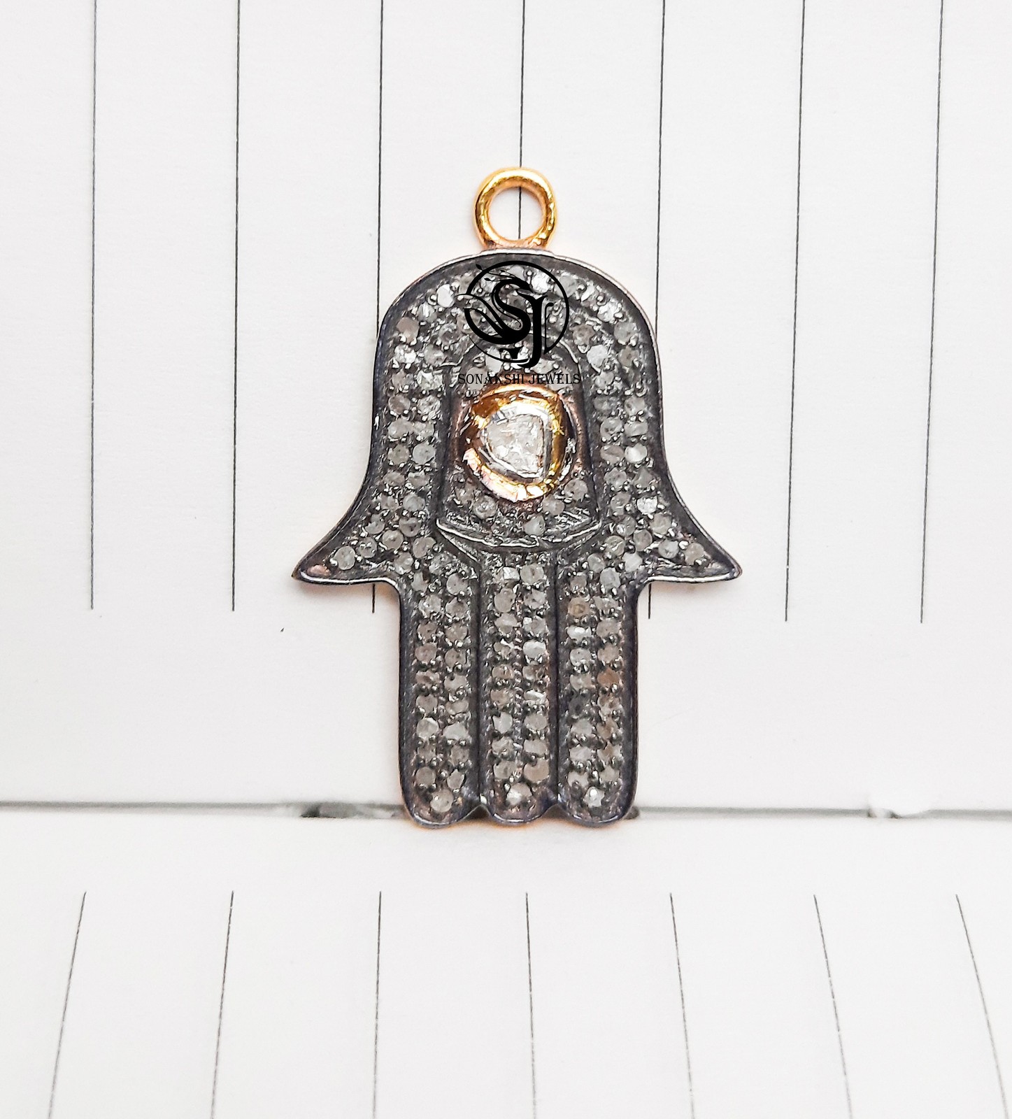 Handmade Sterling Silver Uncut Polki Diamond Hamsa Pendant