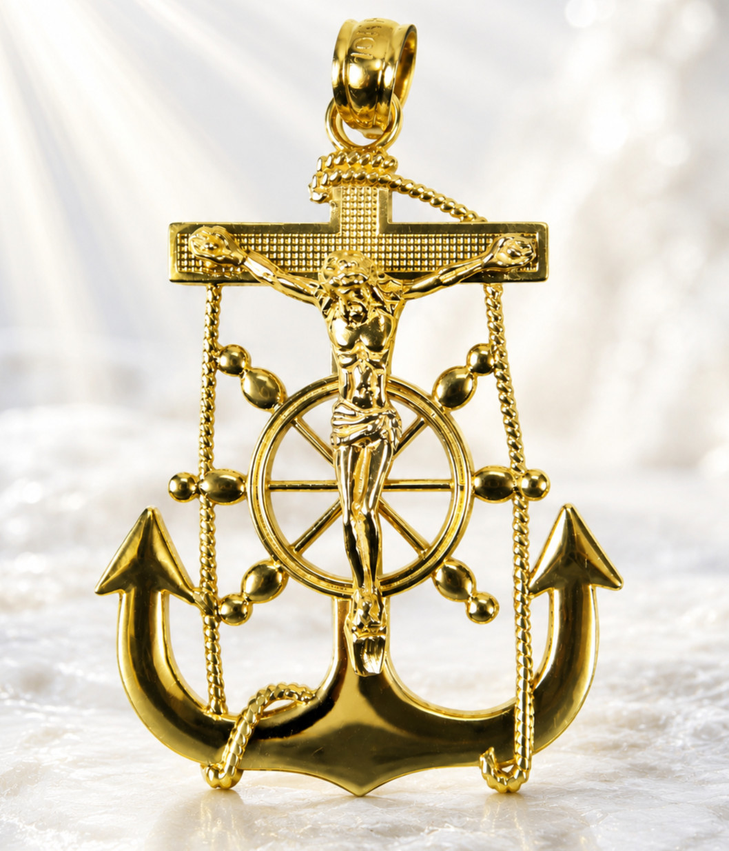 10K Yellow Gold Mariner Crucifix Anchor Ship Wheel Cross Pendant Charm 1.9g