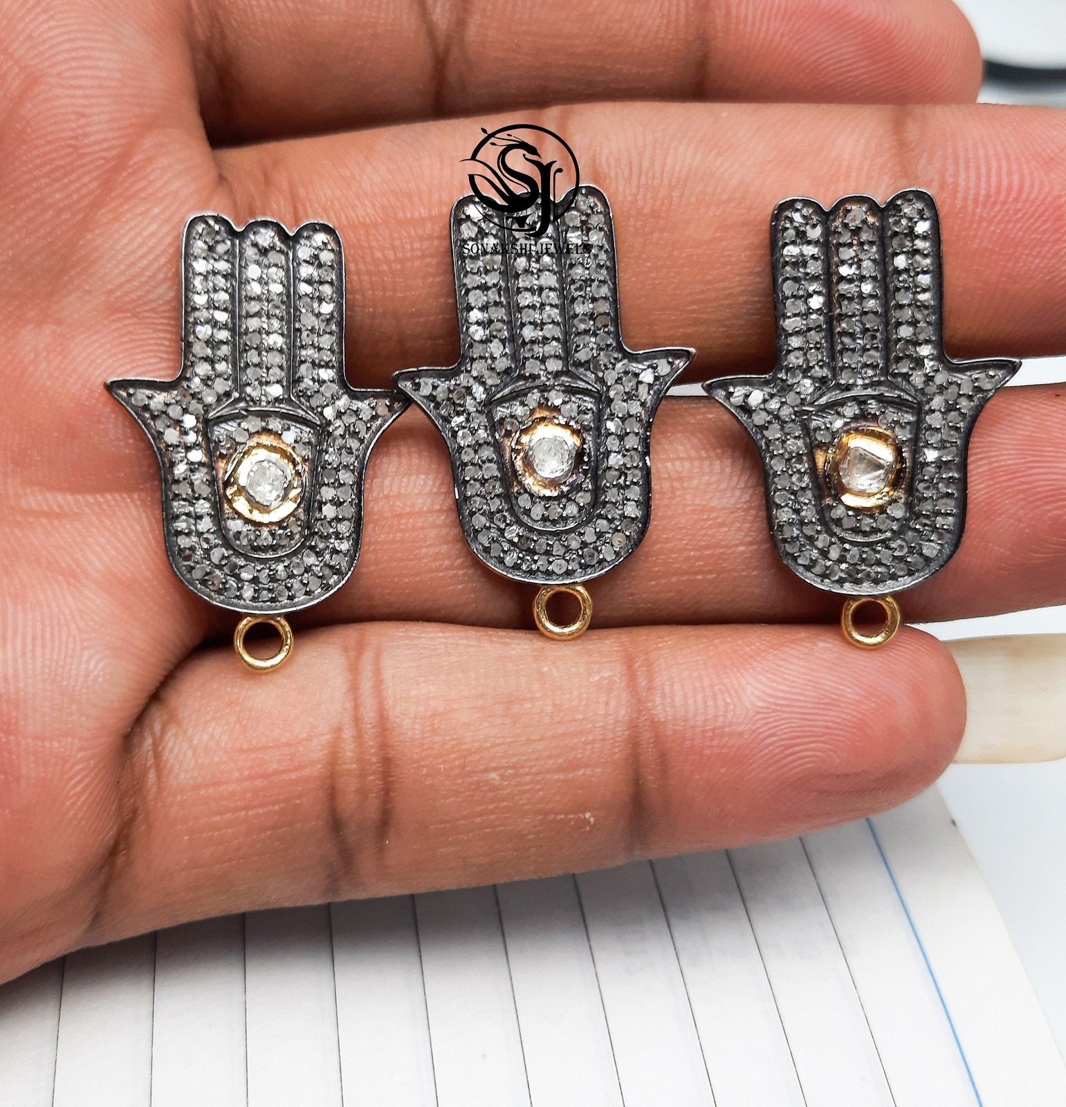 Handmade Sterling Silver Uncut Polki Diamond Hamsa Pendant