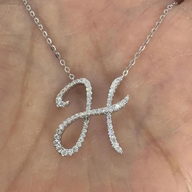 1Ct Real Moissanite Round Cut Any Initial H Letter Pendant 14K White Gold Plated