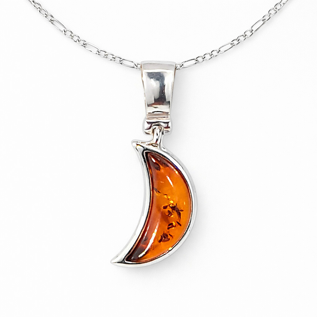 Vintage 925 Sterling Silver Celestial Honey Baltic Amber Crescent Moon Necklace