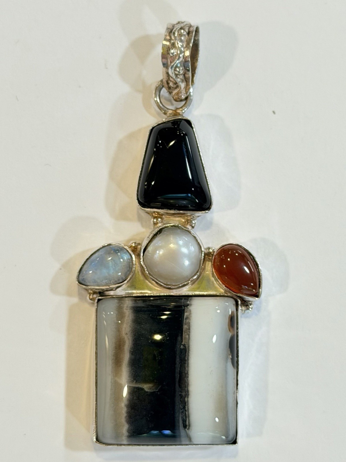 Unique Sterling Silver 925 Gemstone Pendant Agate Onyx Moonstone Pearl Carnelian