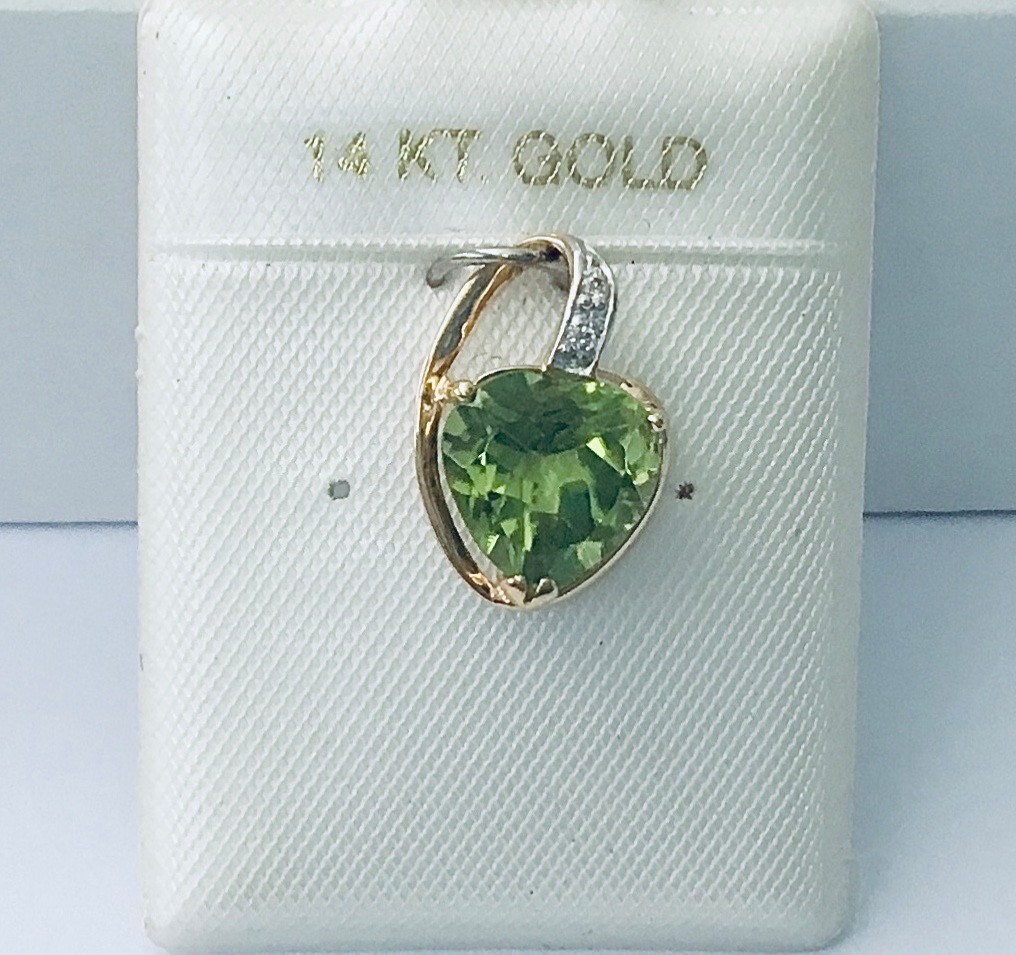 NEW , Lovely Genuine Natural Peridot Gemstone & Diamonds 14K Gold Pendants