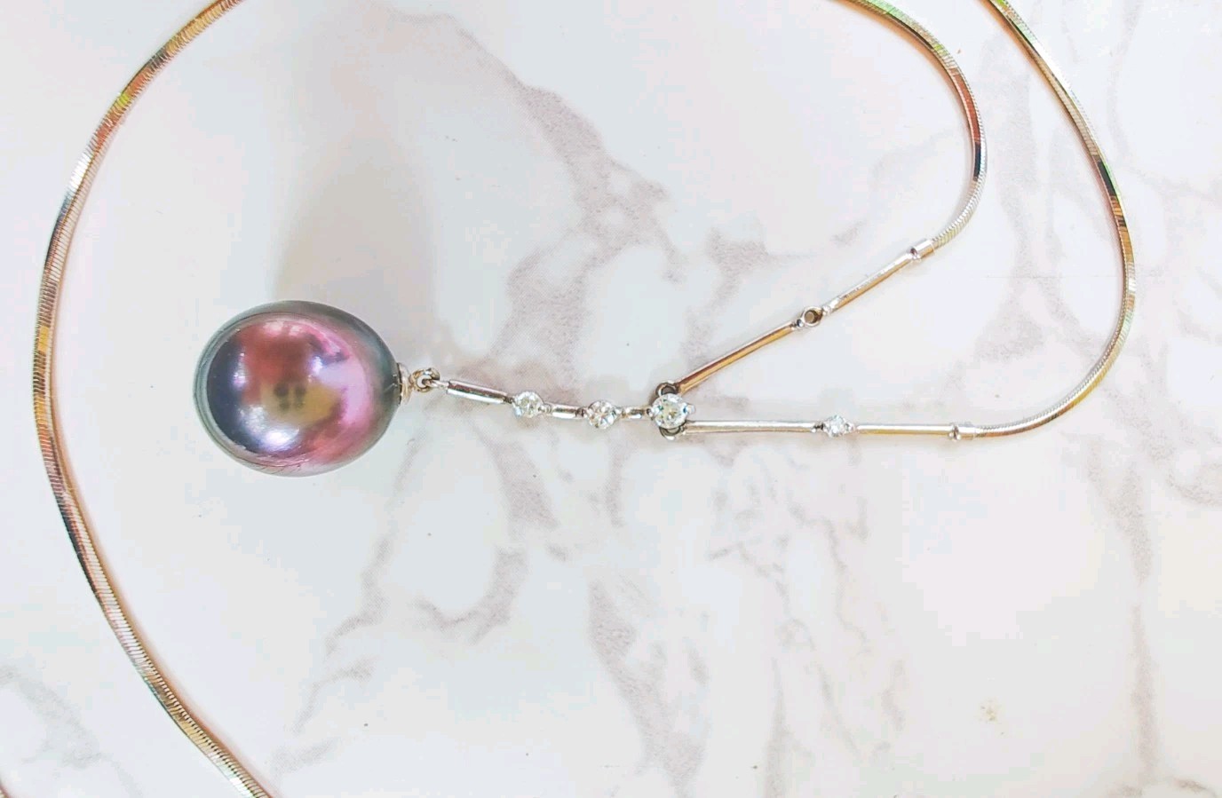 18K White Gold 10.9mm Tahitian Pearl .11ct Diamond Necklace 17” 6.12g