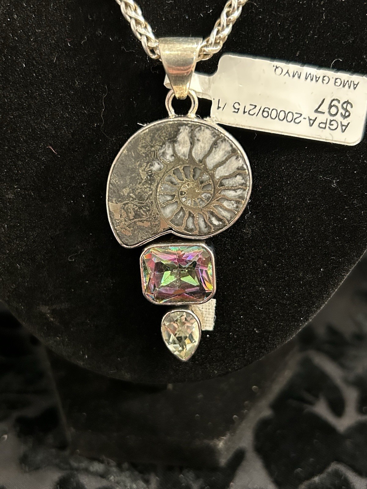 Combo Pendant In 925 Sterling With Genuine Ammonite, Mystic Topaz & White Topaz