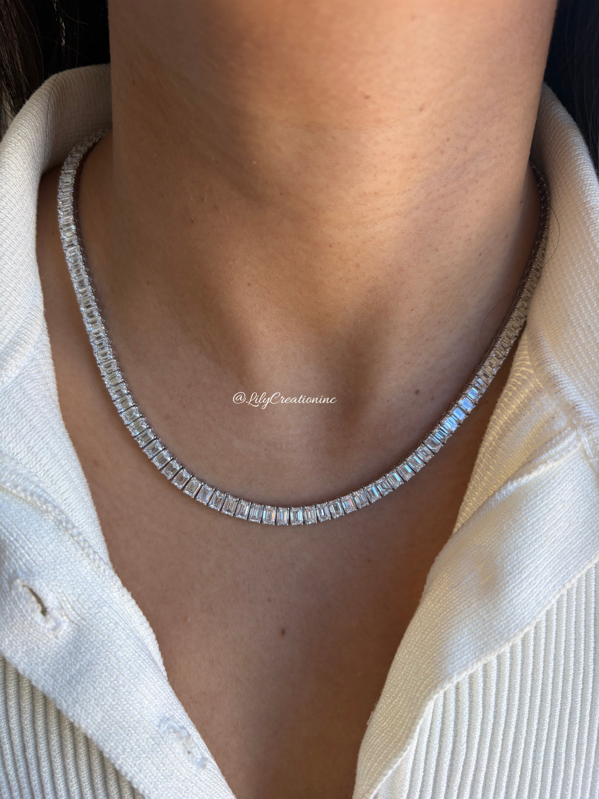 30 Ct Emerald Cut Lab Grown Diamond Tennis Necklace 15 Inch 14K Yellow Gold