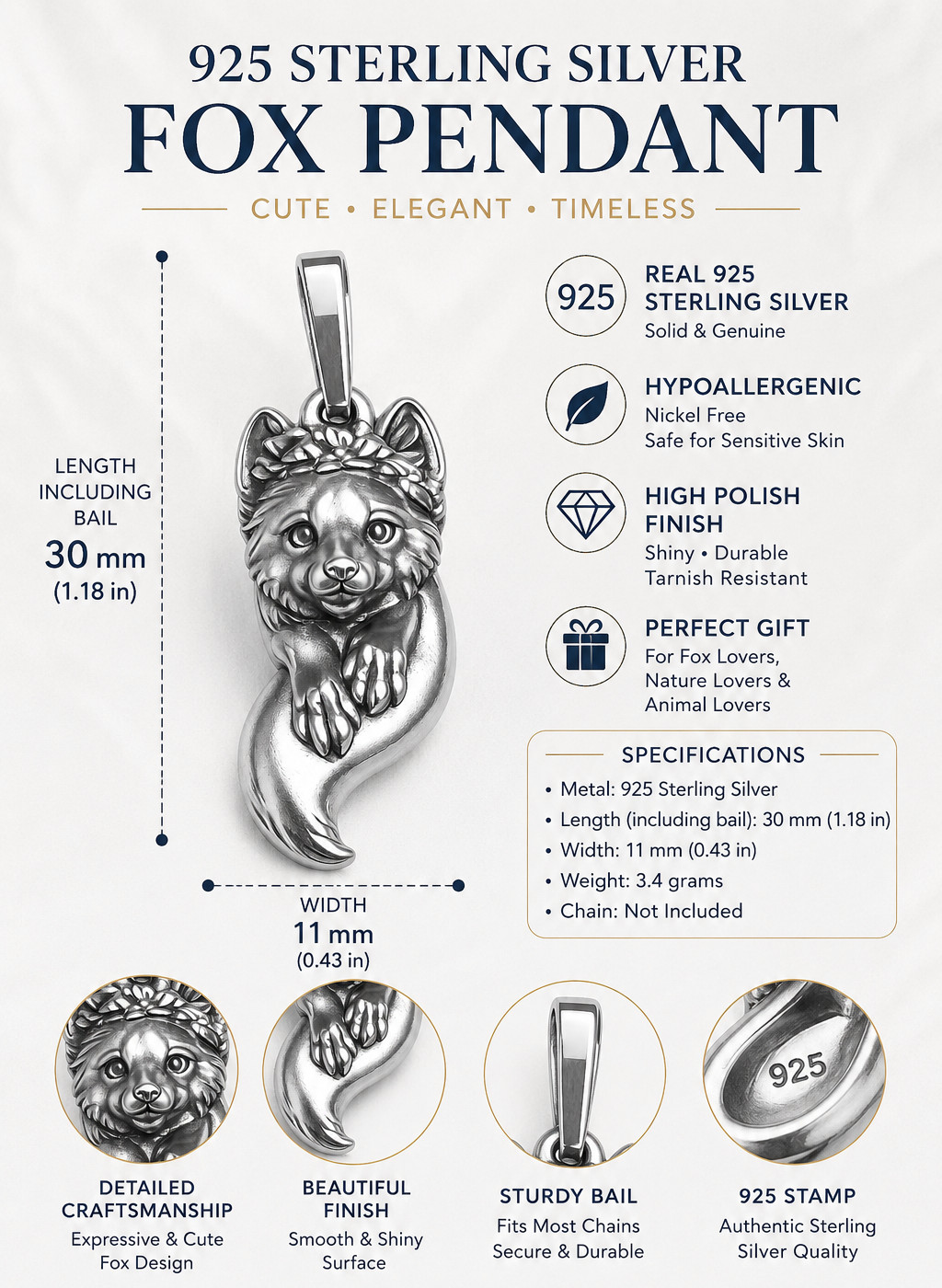 925 Sterling Silver Fox Pendant Animal Charm Cute Woodland Nature Necklace 30mm