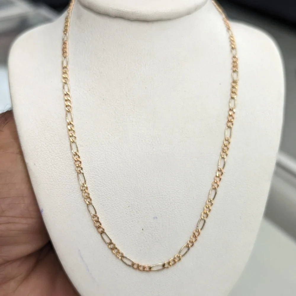 Real 10K Tri-Color Gold Hollow Figaro Chain Necklace 2.5-5mm 16-28in Men Women