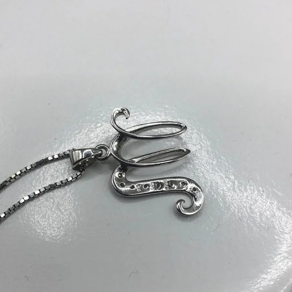 Initial Monogram Letter M with Diamonds Sterling Silver 925 Necklace Giftable