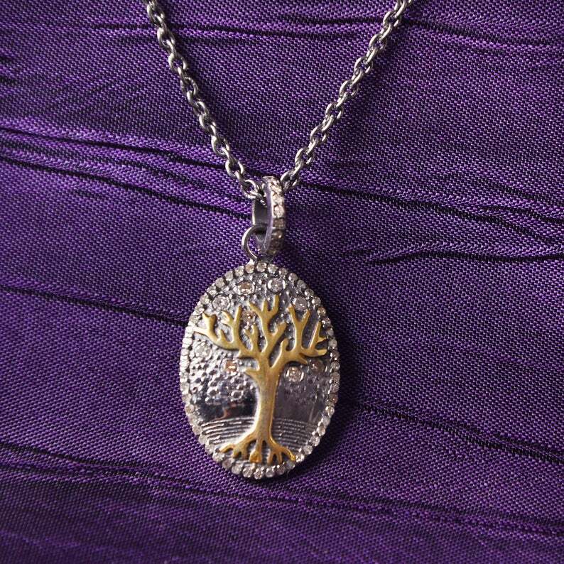 Pave Diamond Tree Oval Pendant Necklace 925 Sterling Silver Unisex Jewelry