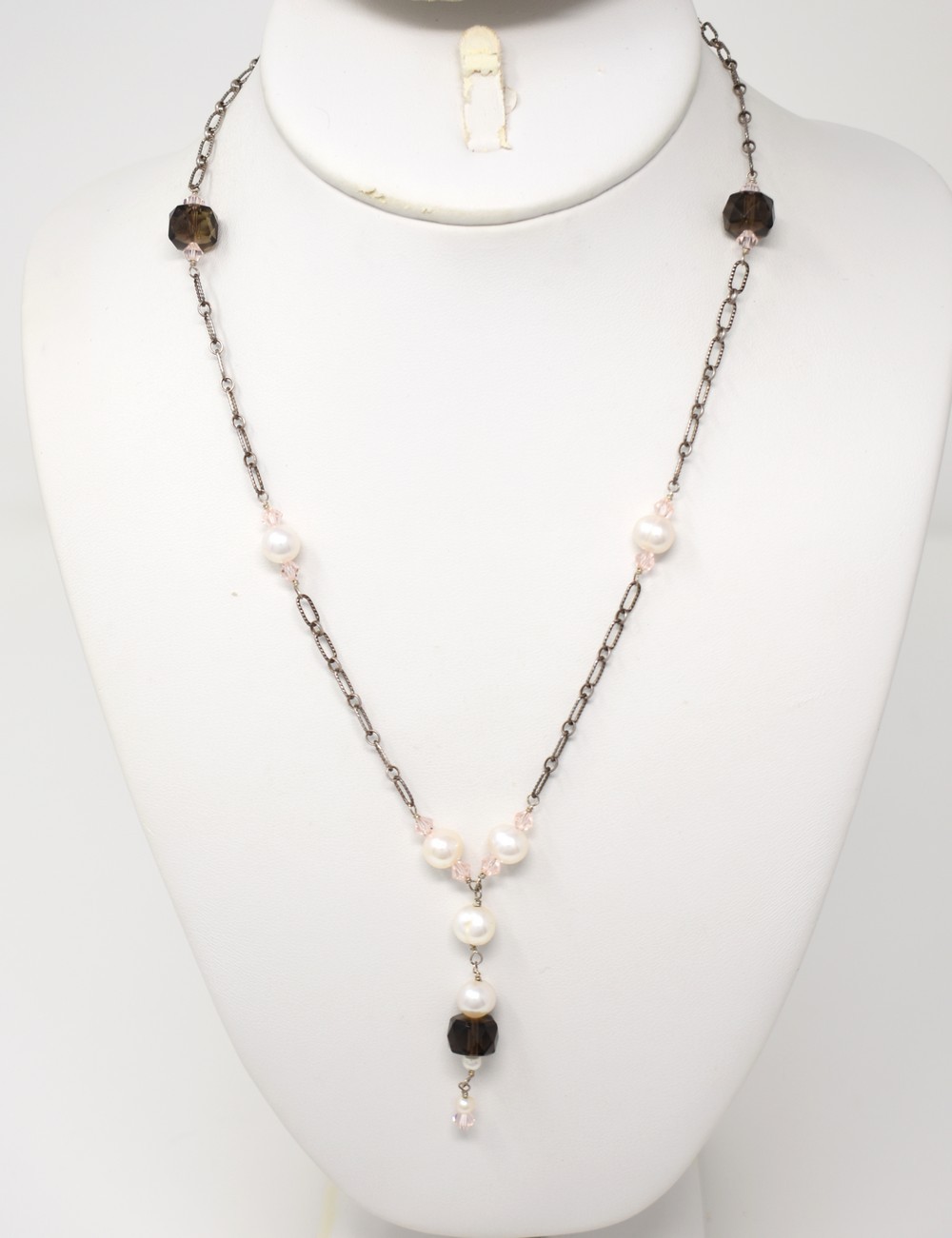 Sterling Silver Smoky & Pink Crystal & Ring Pearl Pendant Choker Chain Necklace