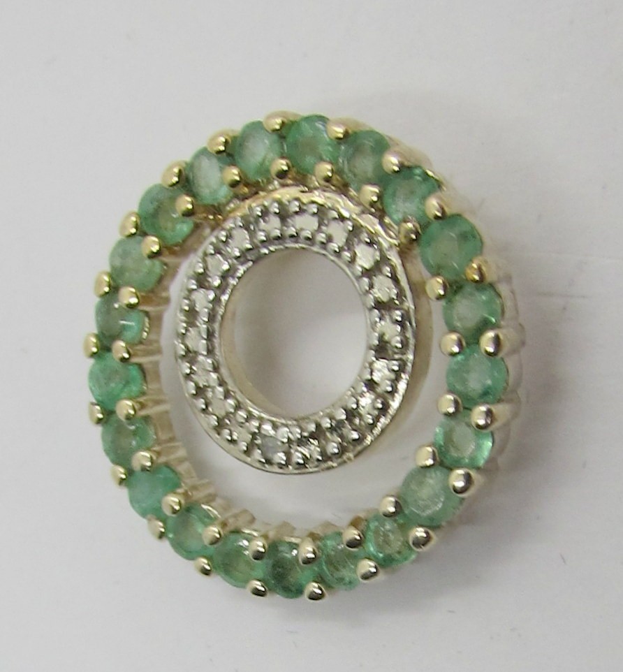 925 STERLING SILVER GEN EMERALD & DIAMOND CIRCLES SLIDE PENDANT 17MM ~ 2.1G