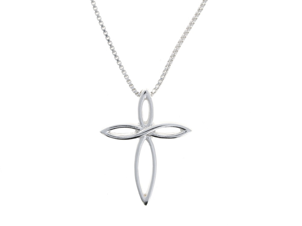 Sterling Silver Modern Infinity Cross .925 Pendant with 18″ 1mm Box Chain Polish