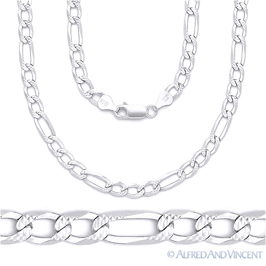 5mm Figaro Link Chain Diamond-Cut Pave Necklace Solid .925 Italy Sterling Silver