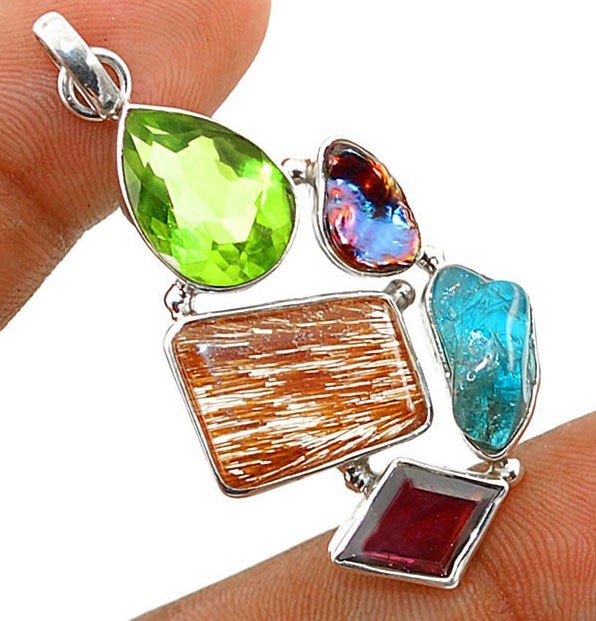 Natural Golden Rutilated Quartz & Peridot 925 Sterling Silver Pendant
