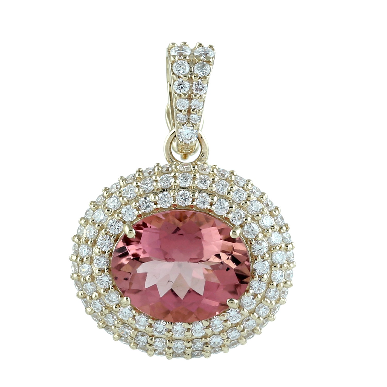 14K Yellow Gold Pink Tourmaline & Diamond Halo Pendant Oval Gemstone For Women