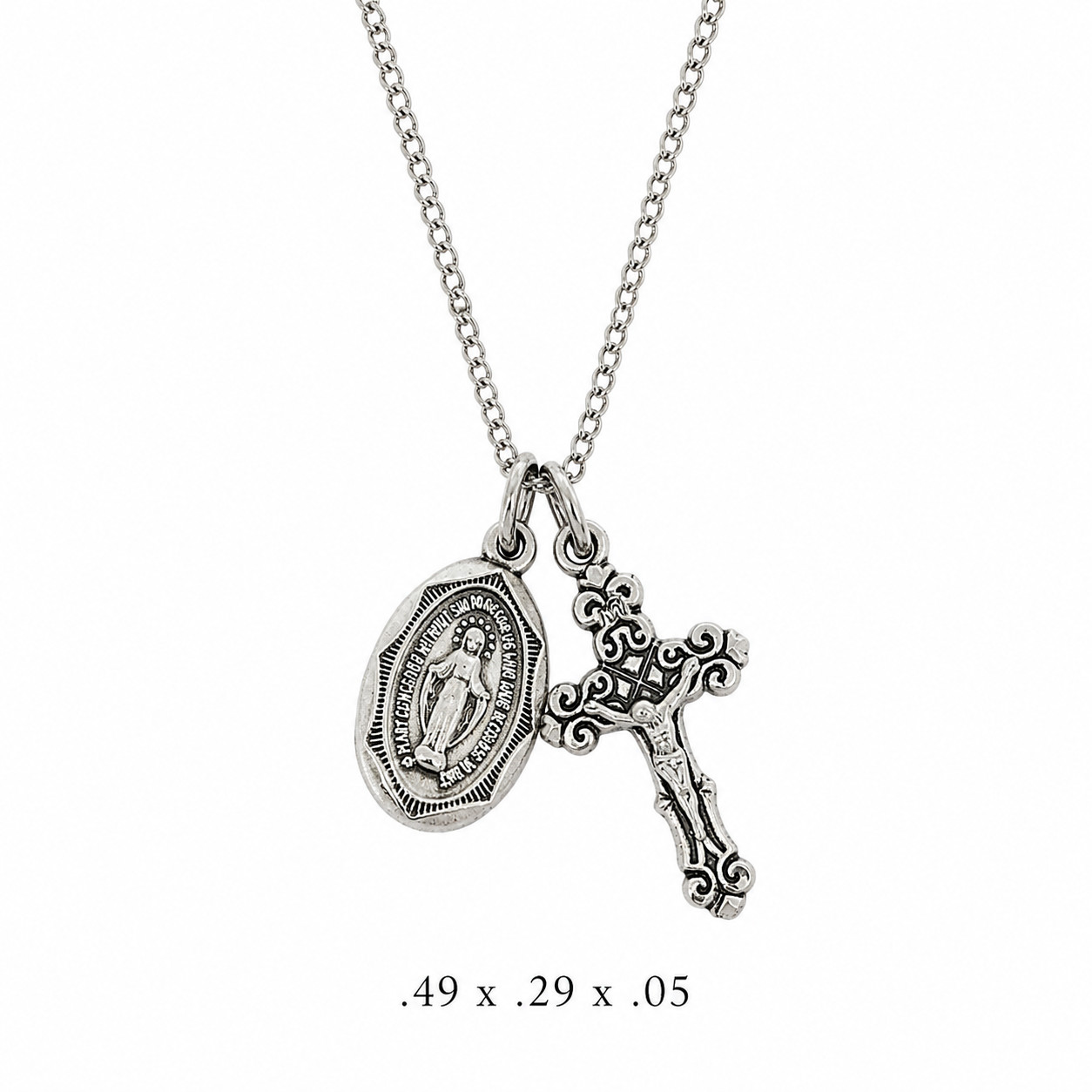 Sterling Silver Miraculous Medal and INRI Crucifix Double Pendant Necklace