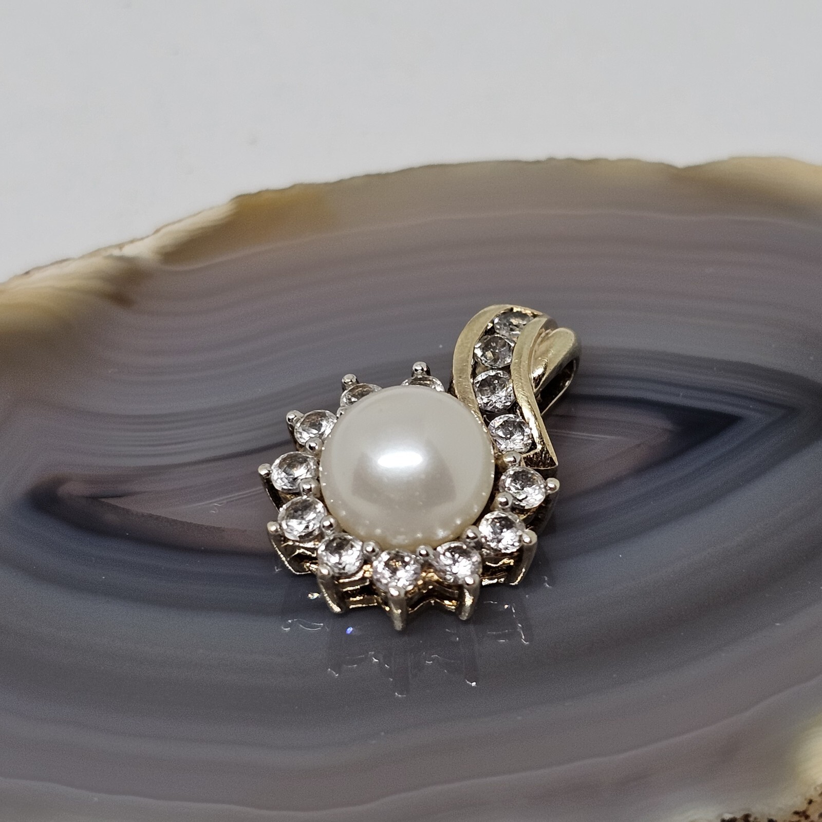 925 Sterling Silver Vermeil Button Pearl White Topaz Pendant Gold Plate over 925