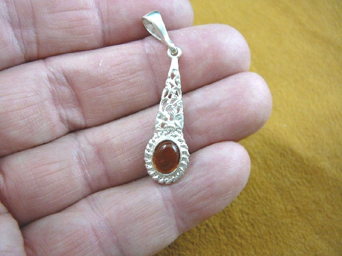 (P22-23) Orange oval Baltic AMBER Poland .925 Sterling SILVER filigree PENDANT