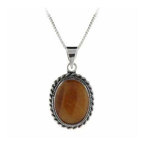 925 Silver Tiger Eye Bali Beaded Oval Pendant, 18″