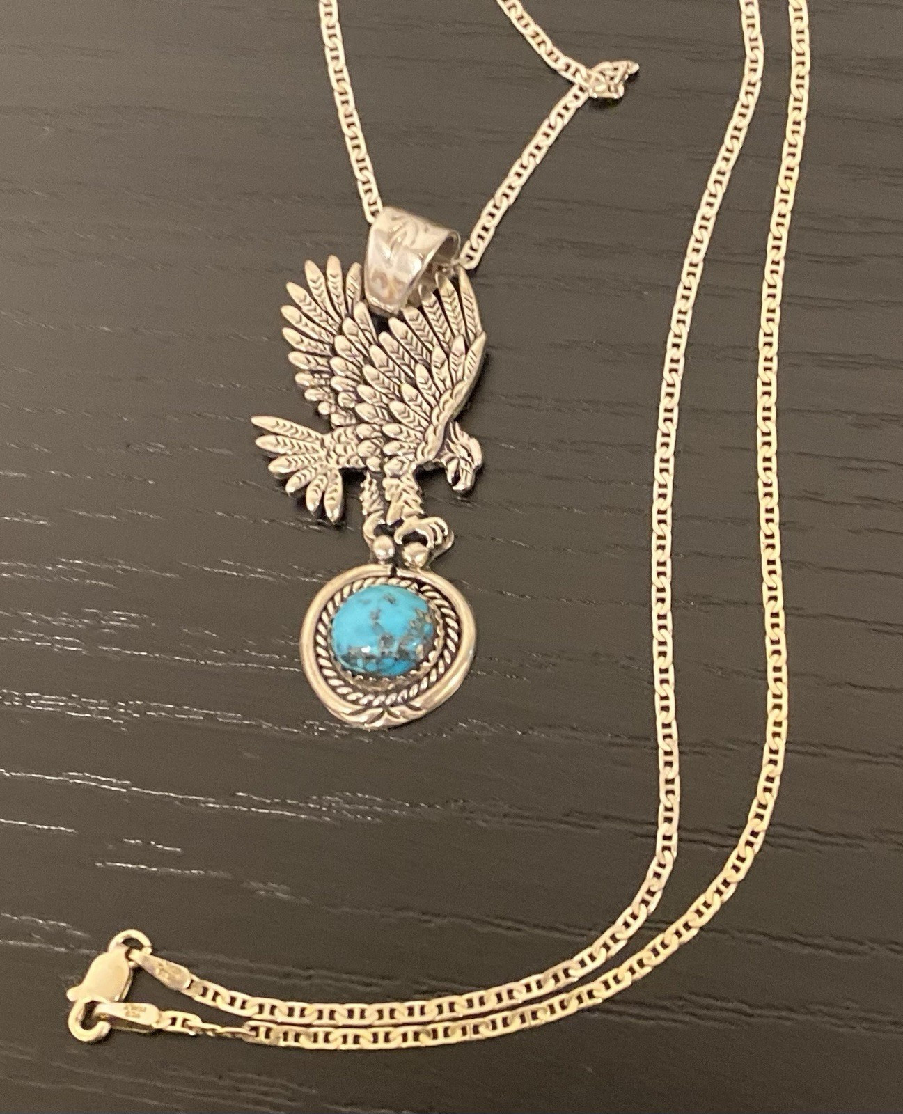 Navajo Freddy Charley Sterling Silver Eagle Turquoise Pendant Necklace 925