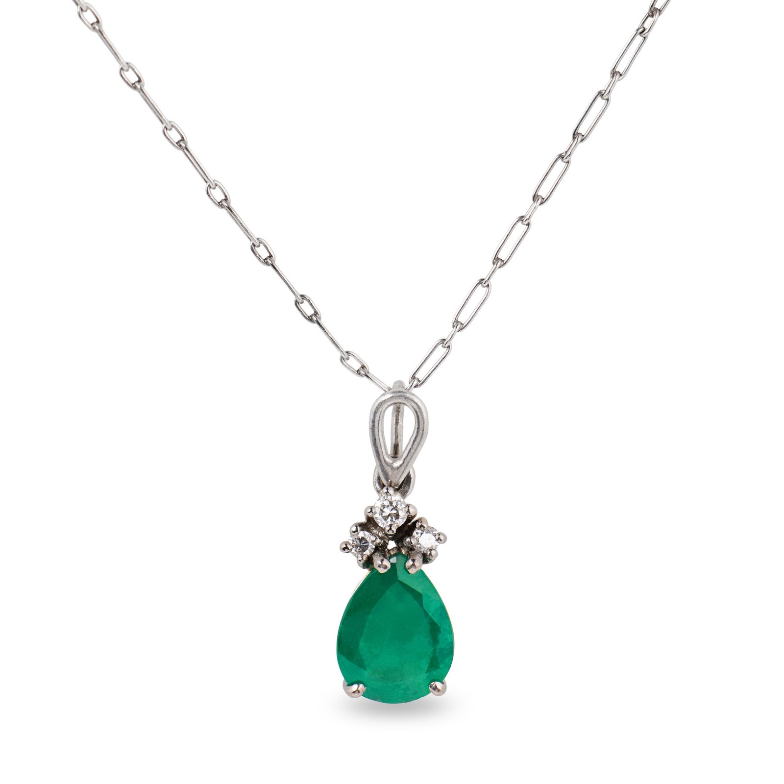 Vintage 1.60 carat emerald diamond 14k white gold platinum necklace