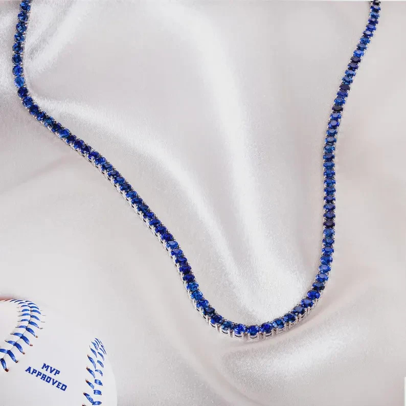 Round Natural Blue Sapphire Tennis Necklace Festival Sale ! 14k Real White Gold