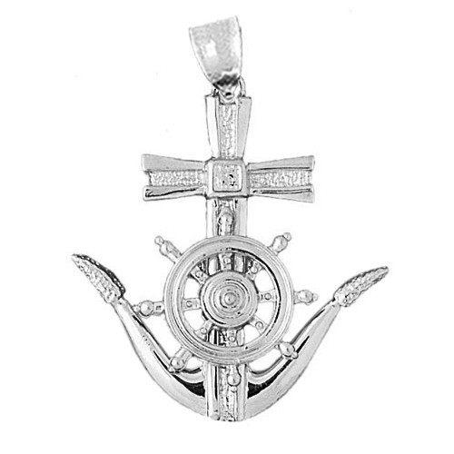 Rhodium Plated 925 Sterling Silver Ship Wheel and Anchor Nautical Pendant