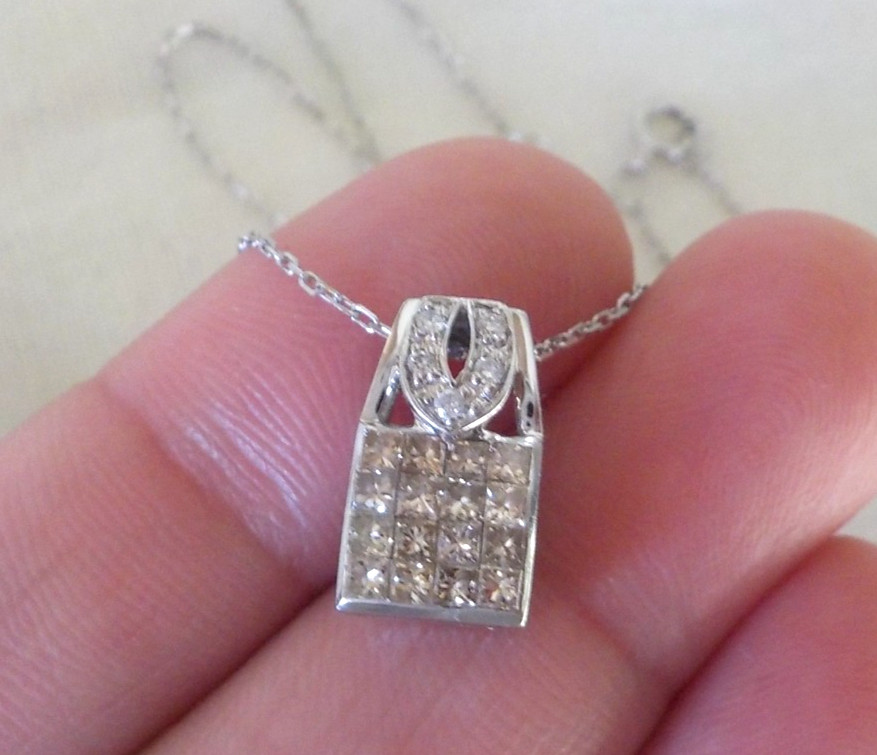 Pretty 18K White Gold Square Cluste Diamond Necklace – 2.64 gms, 17 in, 0.43 ctw